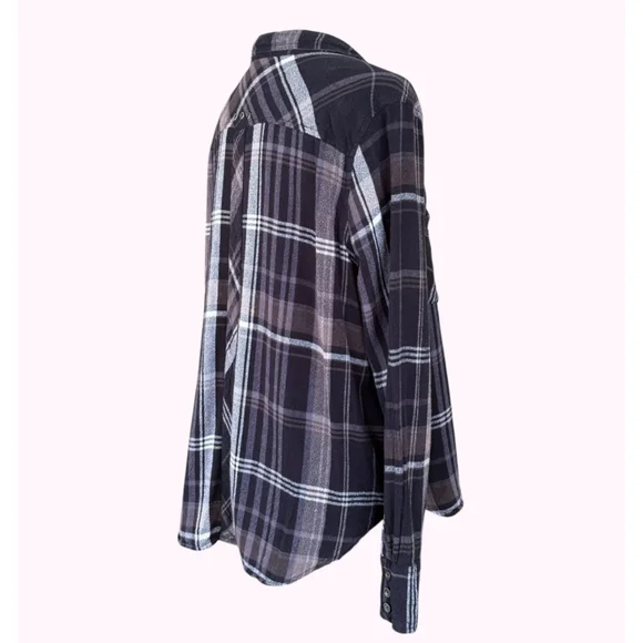 Free People Wesley Plaid Linen Blend Black Gray Sz M - Picture 3 of 9